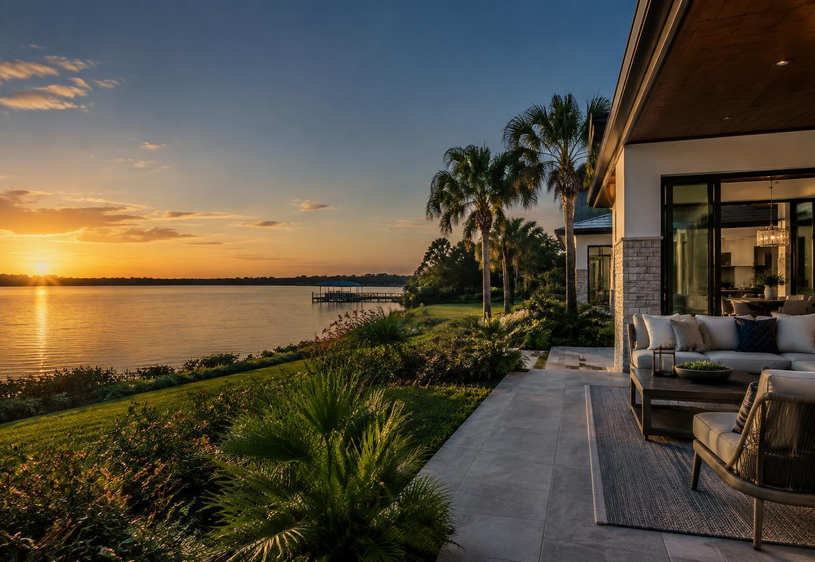 Lakefront Central Florida home with palm-lined outdoor living and sunset water views