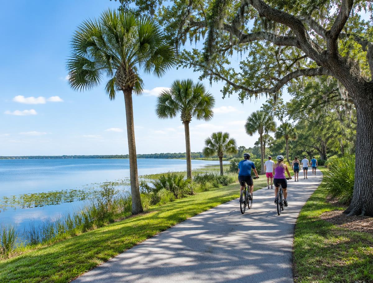 Cyclists and walkers enjoying a lakeside trail under palms and live oaks in Central Florida